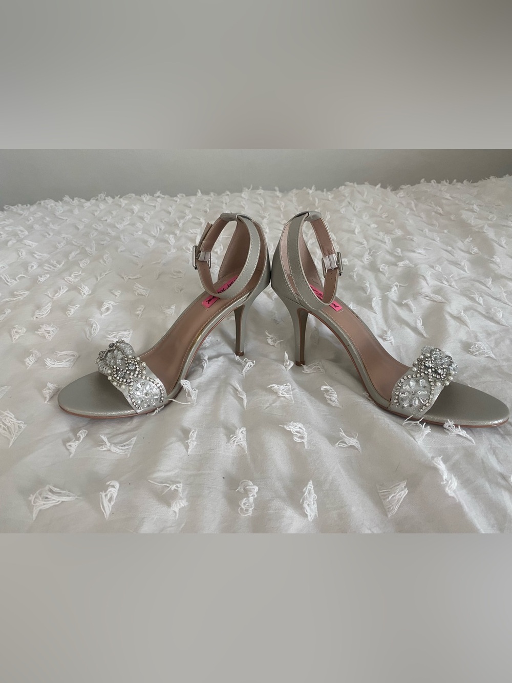 Betsey Johnson Silver Crystal-Embellished Open Toe Ankle-Strap Heels